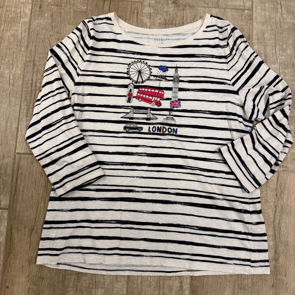 Talbots XL Striped London Graphic T-Shirt 3/4 Sleeve 100% Cotton Top